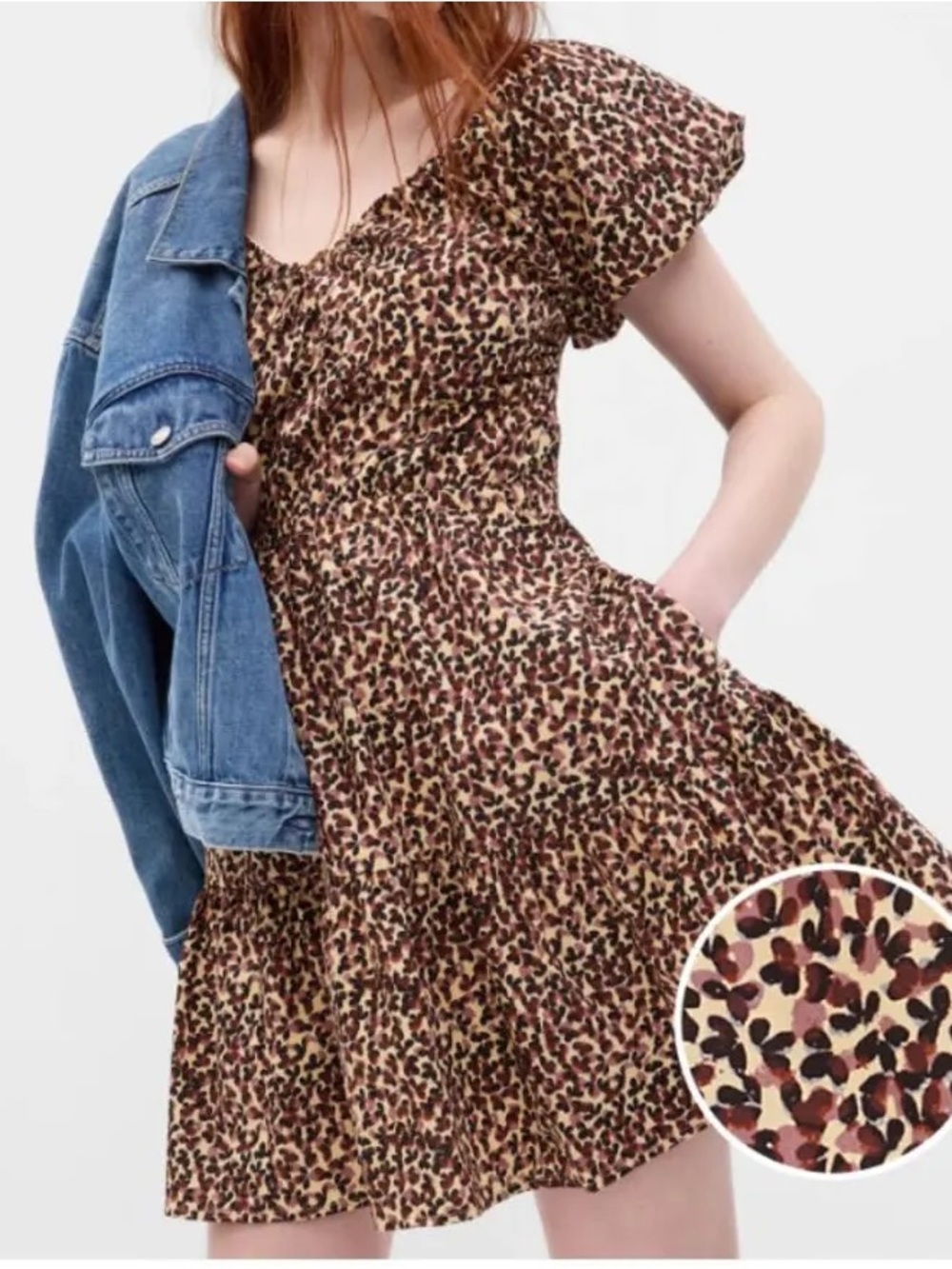 Print Flutter Sleeve Mini Dress - Brown